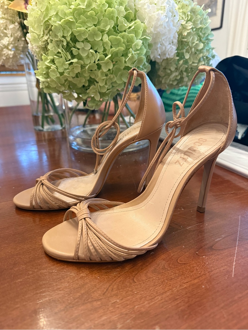 SCHUTZ Nude Tan Knotted Strappy Stiletto Sandals